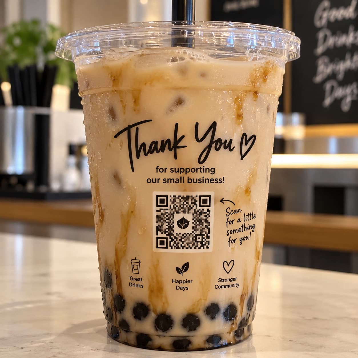 A takeaway drink with a Thankly message and QR code for the customer