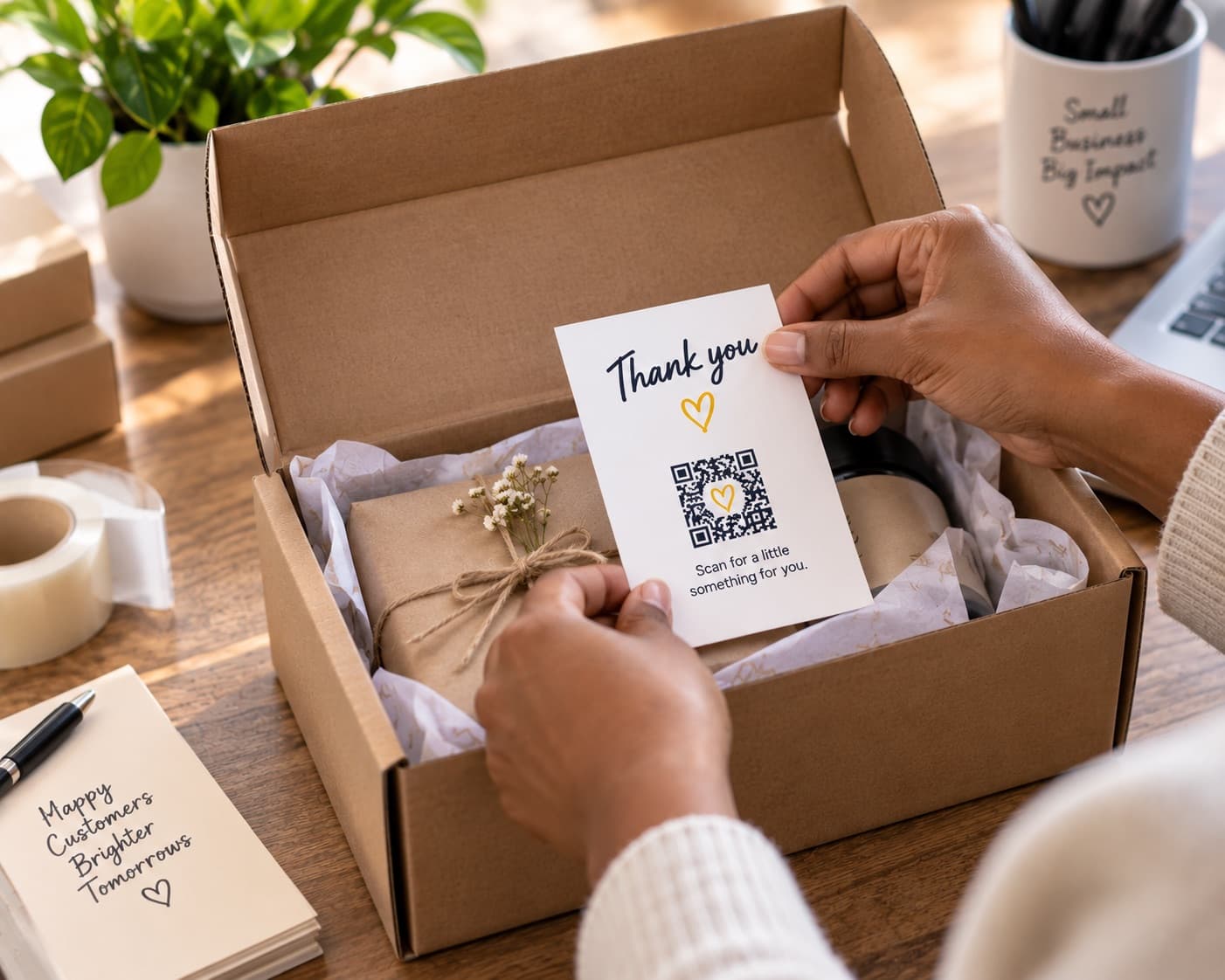 Hands placing a Thankly thank you card insert into a shipped package