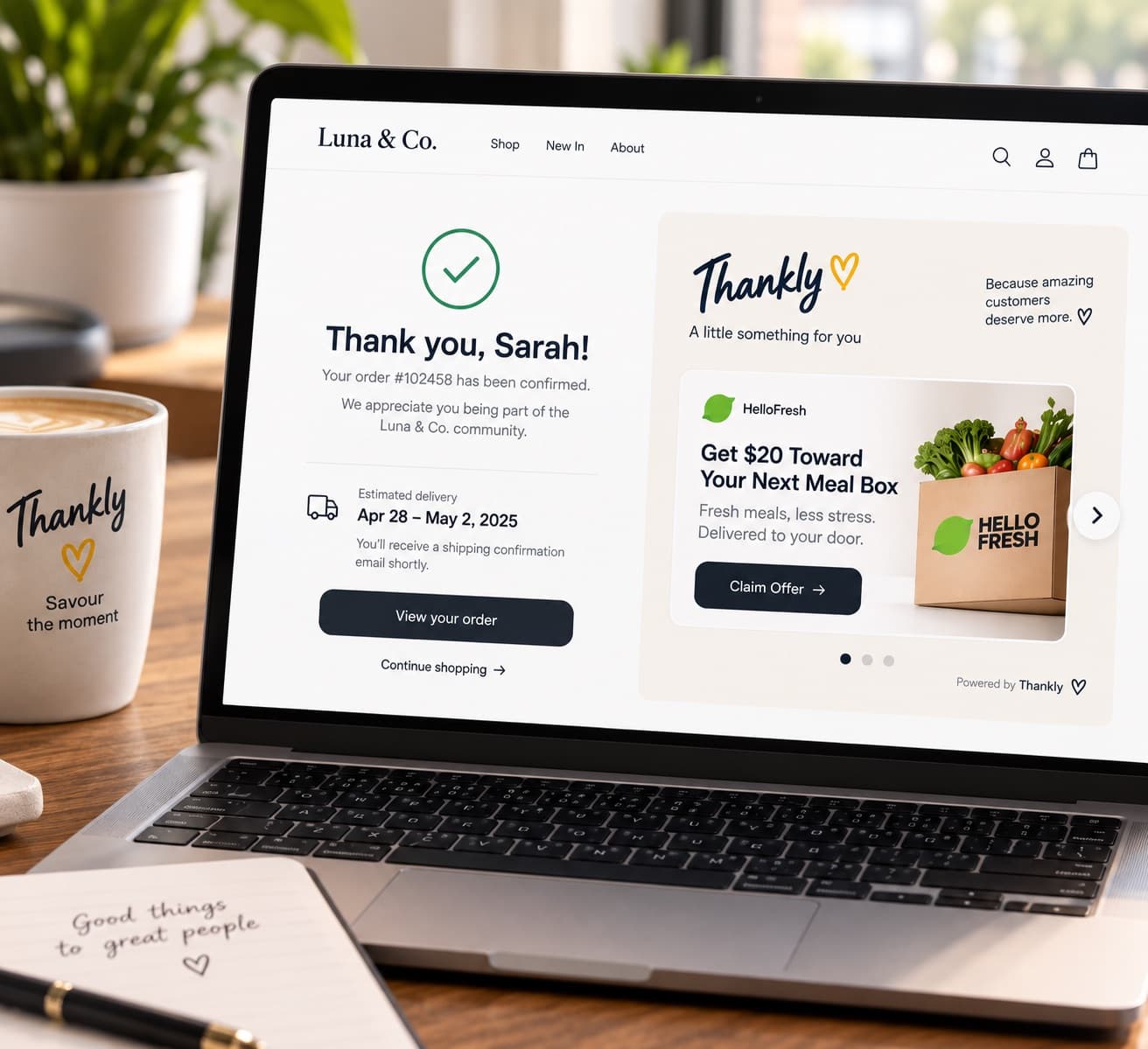 Online order confirmation screen with a Thankly gift experience