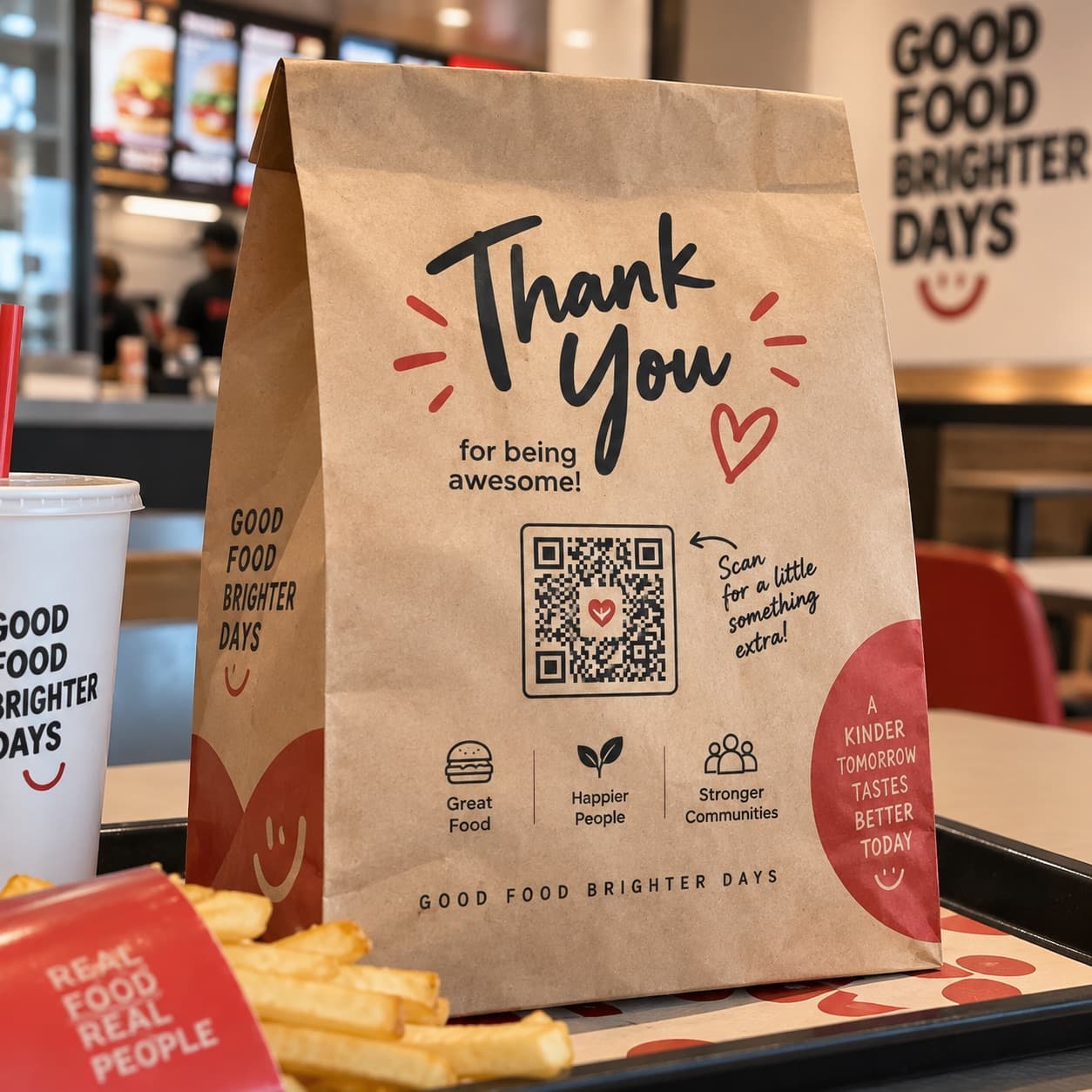 A takeaway paper bag with a Thankly invitation