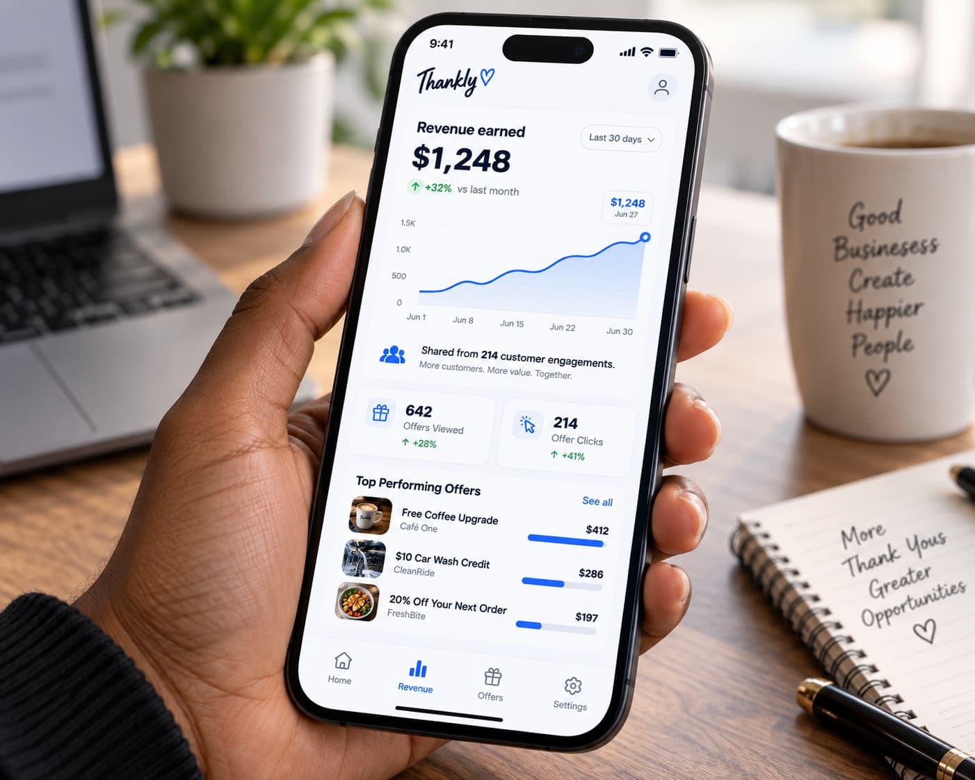 A phone screen showing revenue earned through Thankly