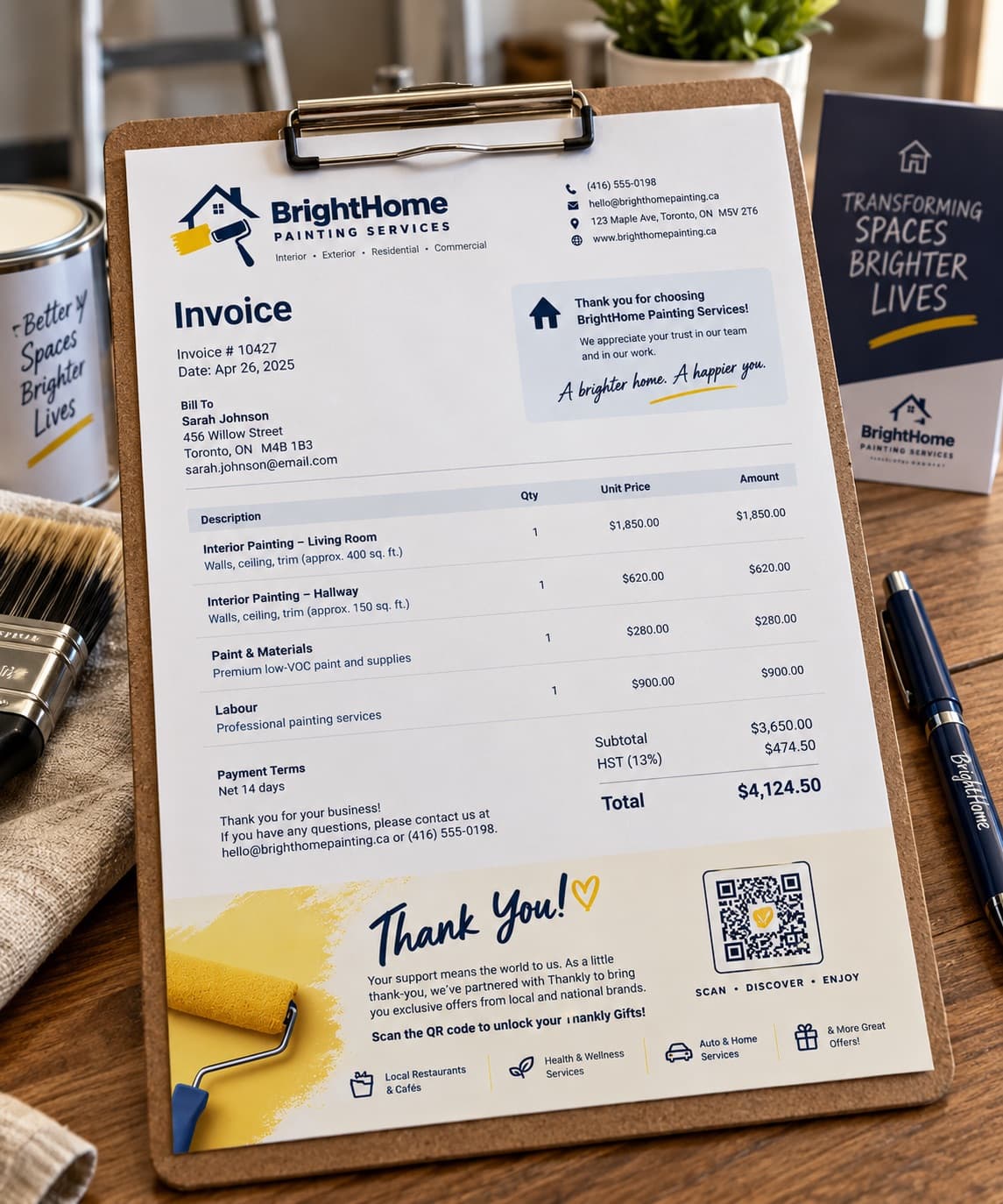 A professional invoice with a Thankly thank you gift and QR code